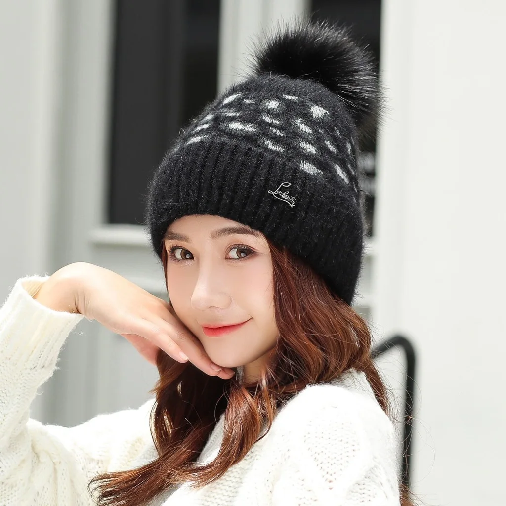 Women Beanies Pom Poms Rabbit Hat Beanie Knitted Skullies Fashion Caps Ladies Knit Cap Winter Hats For Women