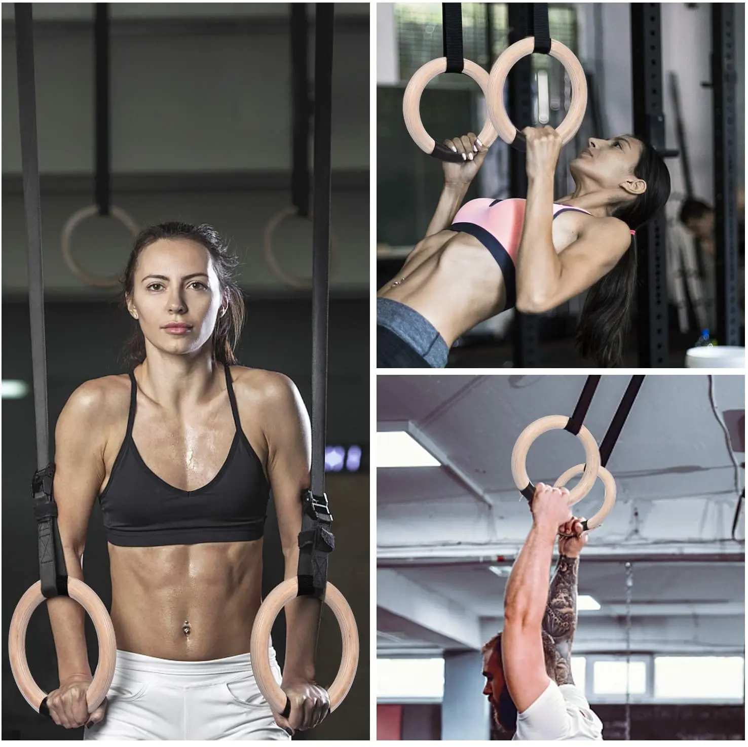 

Sports Wood Gymnastic Rings with Adjustable Buckle Straps Anti-slip belt for Strength Training Home Gym Full Body Workout