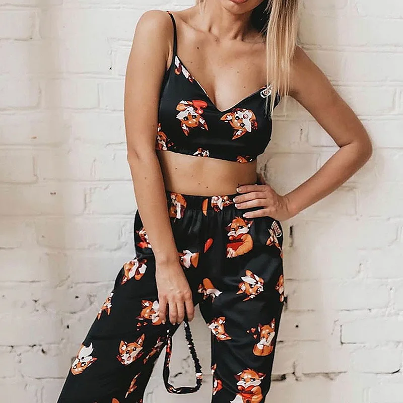 

Spaghetti Strap Fox Pajamas Print Summer Two Piece Set Top And Pants Sleepwear Satin Women V Neck Sexy Nightwear Pattern