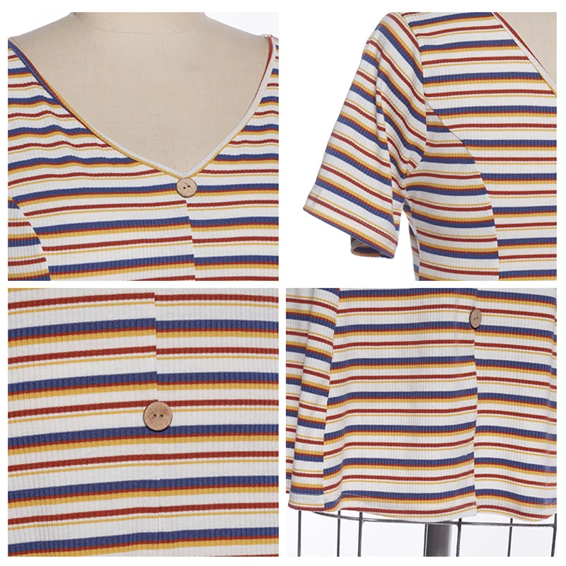 

Plus Size Famale Striped Casual Dresses Fat MM V-Neck Elegant Slim Women Summer Knit Short Sleeve A-Line Dress Color Contrast