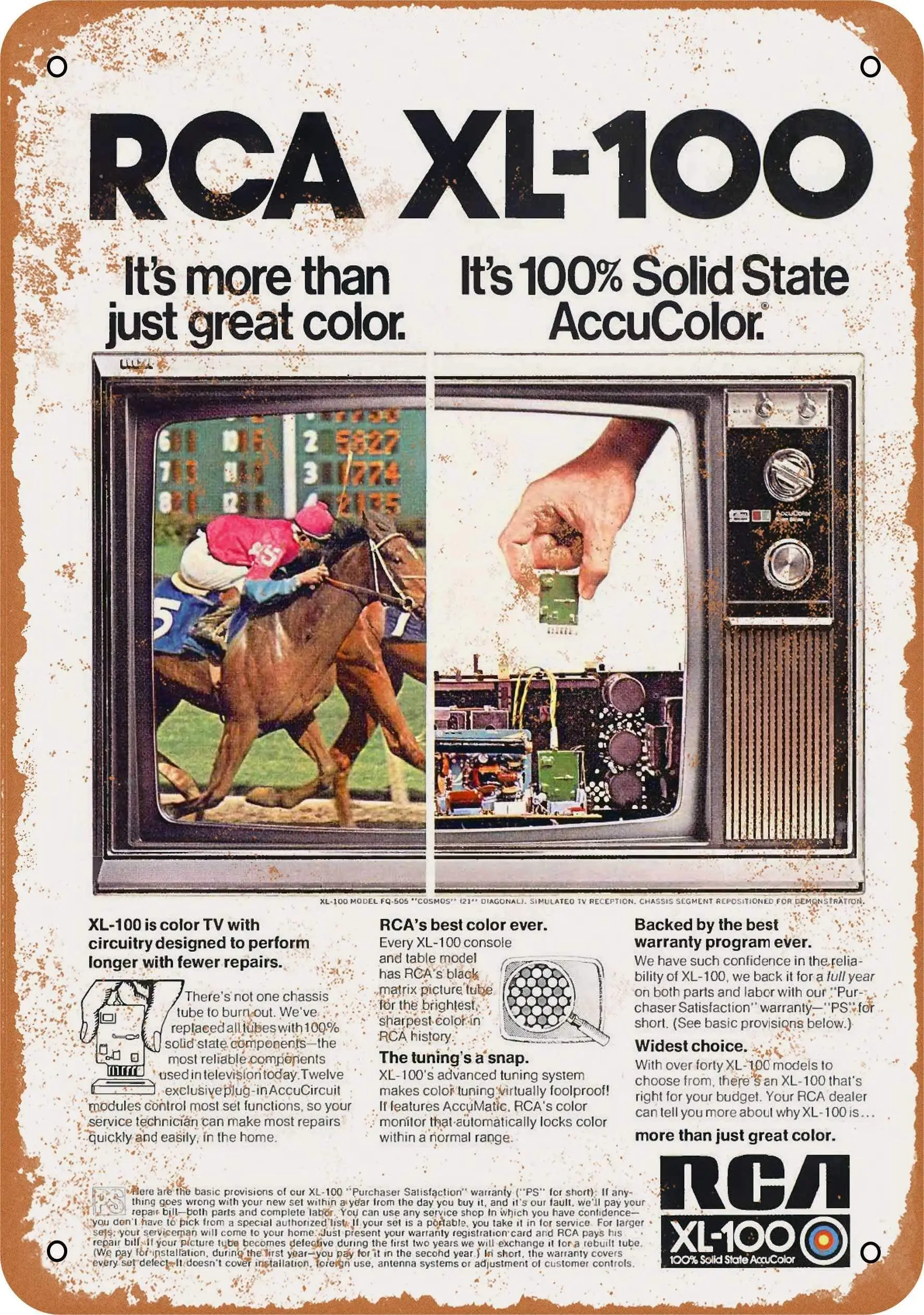 

SLALL 1972 RCA Xl-100 Color Televisions Retro Street Sign Household Metal Tin Sign Bar Cafe Car Motorcycle Garage Decoration