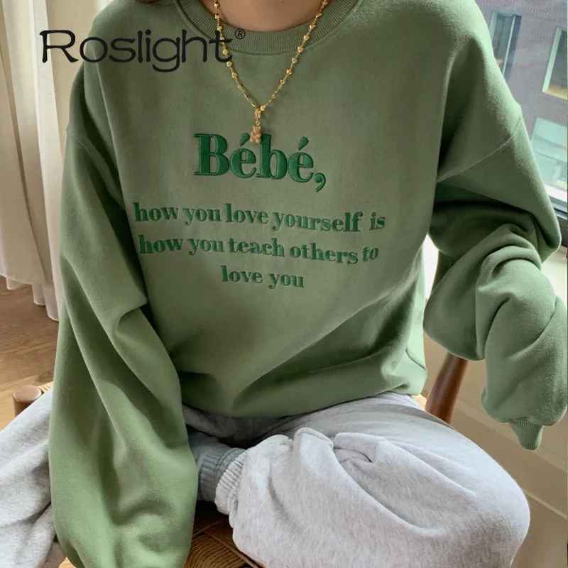 

Свитшот женский с вышивкой букв, Модный пуловер в Корейском стиле, топ с круглым вырезом и длинным рукавом, Свободный Повседневный Топ, свит...