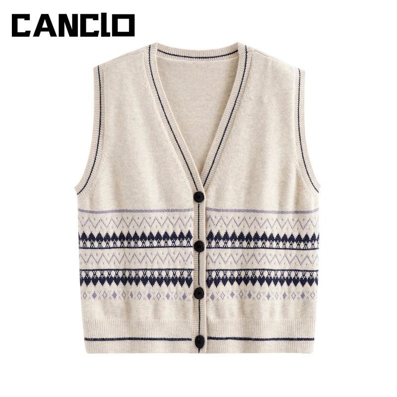 

Contrast Color Geometric Pattern V Neck Sleeveless Sweater Vest Autumn Winter 2021 Womens Jumper Striped Vest Jacket Waistcoat