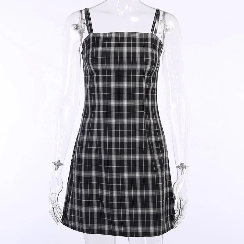 

Plaid Mini Dress Women Gothic Harajuku Dress Casual Bodycon Spaghetti Strap Dress Punk Black Sleeveless Dresses Summer