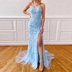 LORIE Небесно-Голубое Кружевное платье для выпускного вечера, длинное сексуальное официальное вечерние платья русалки фатиновые платья для выпускного вечера без рукавов с высоким разрезом