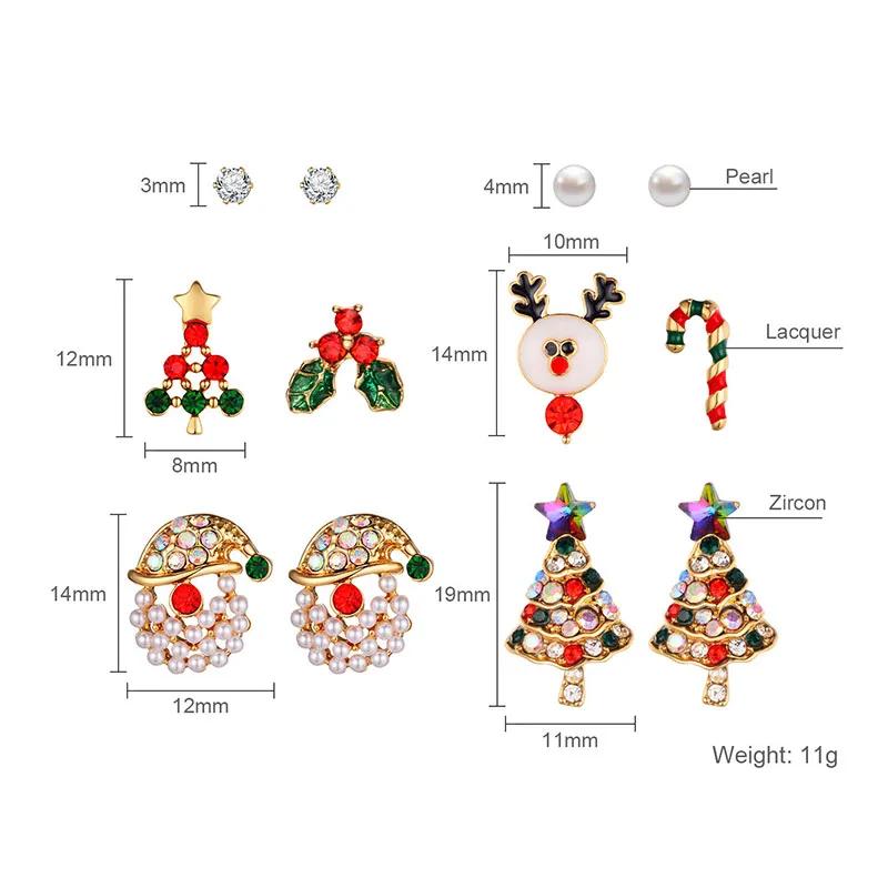 

Dorado Six Pair Cute Christmas Tree Hat Stud Earrings Set For Women Pearl Zircon Party Brincos Jewelry Bijoux 2021 Accessories