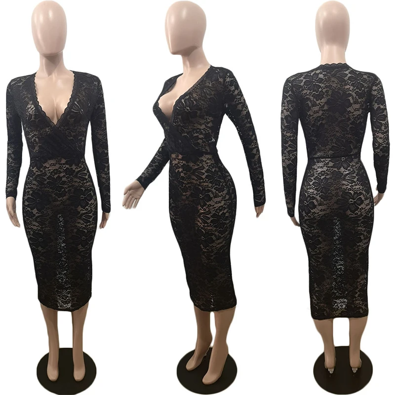 

Sexy Hollow Out Lace Stitching Party Dress Women Long Sleeve V Neck Black Bodycon Dress Clubwear