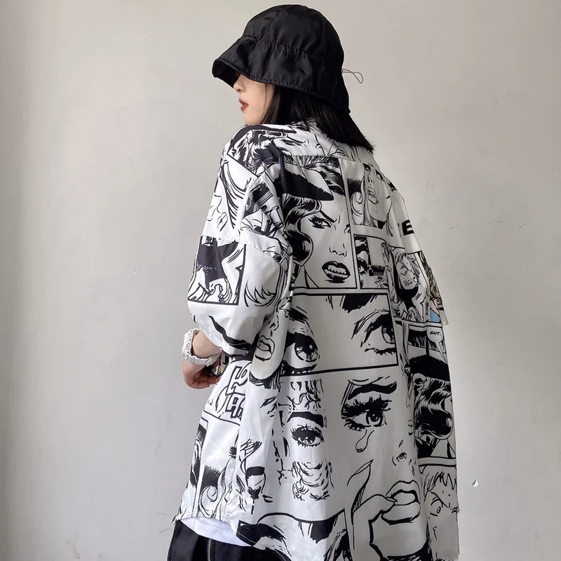 

Comics Print Boyfriend Style Shirts Women Short Sleeve Tops