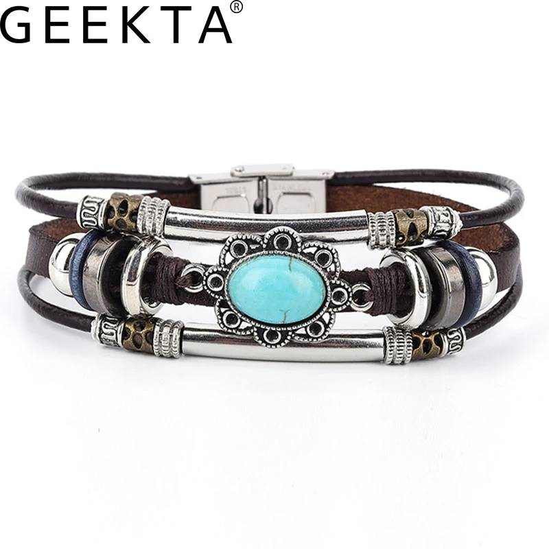 New 3PC/Set Bohemian Punk Men Leather Bracelet Blue Crystal Wrap Wristband Charm Bangle Wholesale pulseira Fashion Jewelry | Украшения и