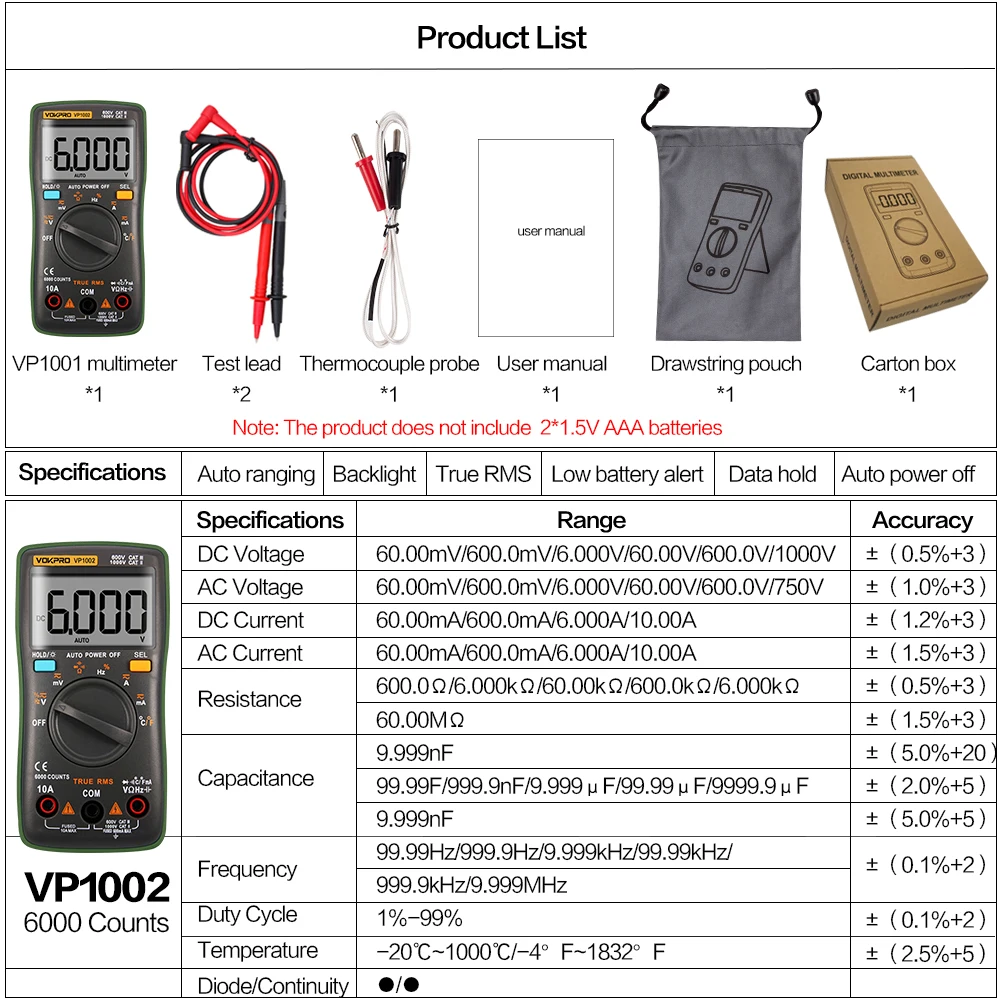 Цифровой мультиметр 6000 отсчетов подсветка AC/DC Амперметр Вольтметр Ом