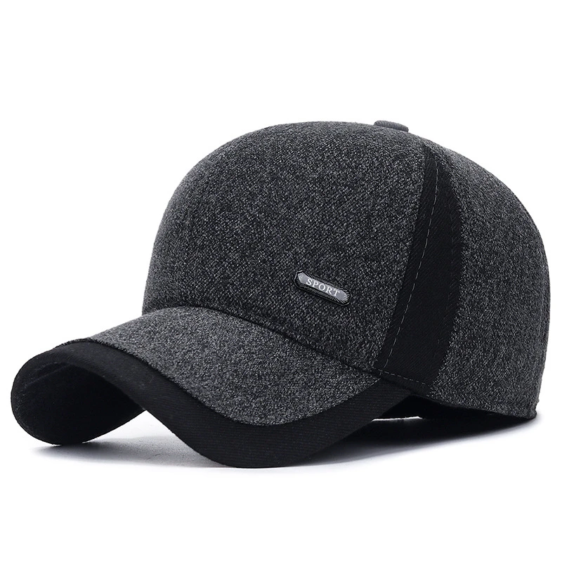 

New Warm Mens Winter Wool Baseball Cap Ear Flaps Brand Snapback Hats Thicken Cotton Fitted Cap Gorra Hombre Trucker Cap