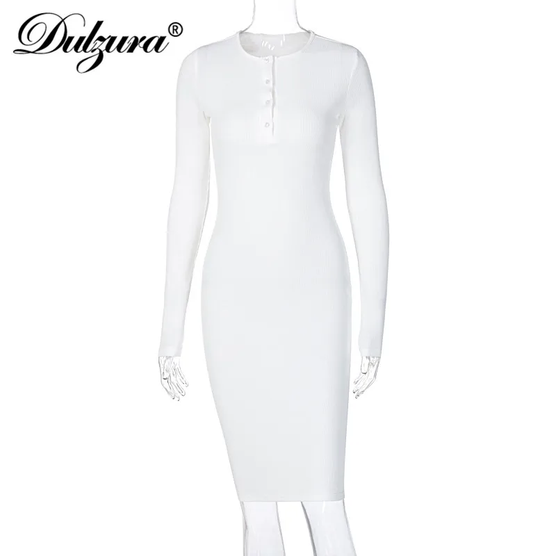 

Dulzura Ribbed Knitted Women Midi Dress Solid Long Sleeve Buttons O Neck Bodycon Sexy Party Elegant 2020 Autumn Winter Club