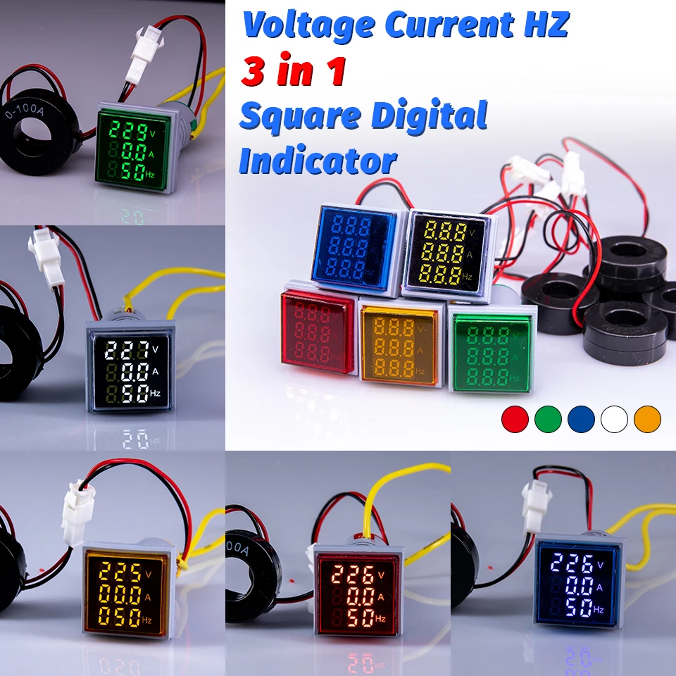 

3in1 Voltmeter Ammeter Hz Indicator 22mm Digital AC 60-500V 0-100A 20-75Hz Current Frequency Meter Digital Voltage Amp Led Lamp