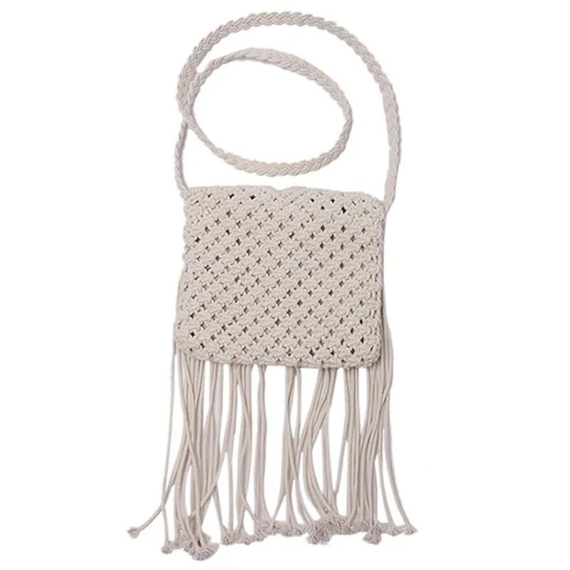 

Fashion White Handmade Cotton Rope Hollow Out Woven Tassel Bag Trend Women's Handbag Straw Shoulder Bag For Ladies