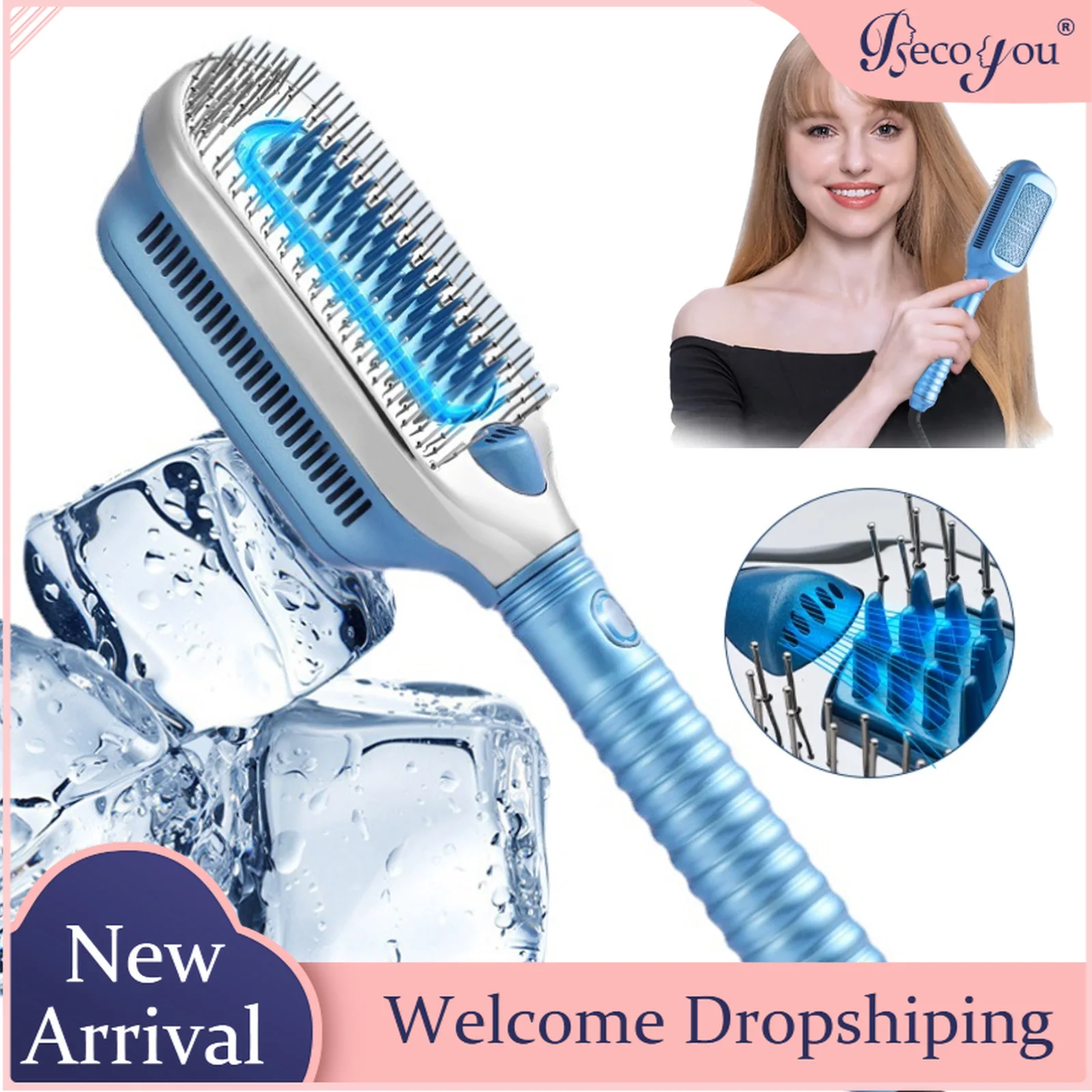 Hair Straightener Brush with Curler Ice Therapy Professional Negative Ion Cold Wind Comb Heatless Brush for Wet Dry Hair EU Plug
