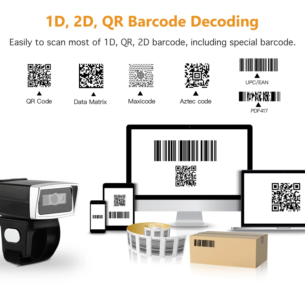 Evnvn Wireless 2D Ring Barcode Scanner Bluetooth / 2.4G USB Wired Mini Bar Code Reader For Phone Tablet PC | Компьютеры и офис