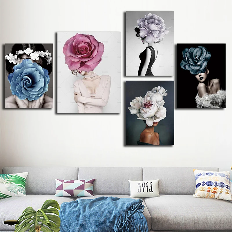 Абстрактный портрет девушки с цветами холст постер картина картины Настенная
