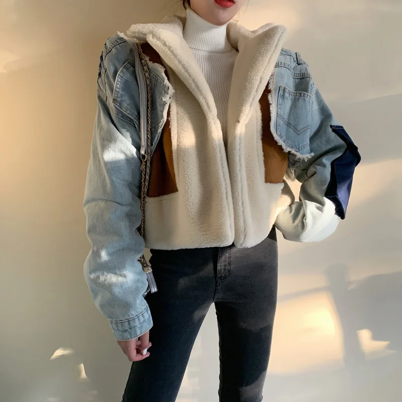 PERHAPS U Women Faux Fur Denim Patchwork Coat Outwear Warm Thick Turn Down Collar Pocket Chic C0410