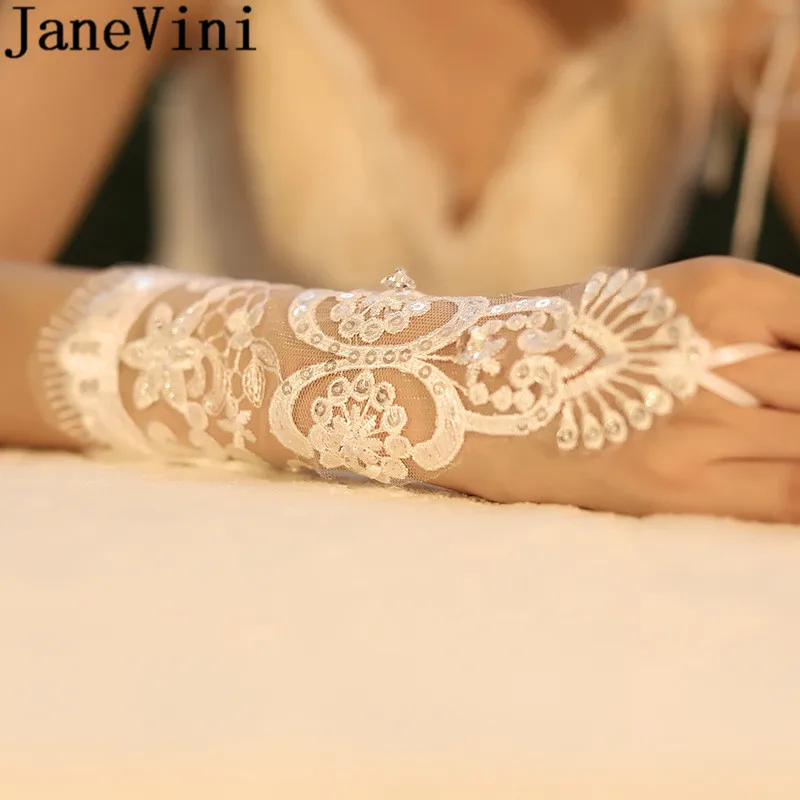 JaneVini белые прозрачные Свадебные перчатки с блестками женские короткие кружевные