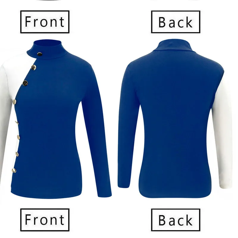 

New Arrival 2020 Womens T-Shirts Fashion Splicing Button Design O-Neck Long Sleeve Slim Pullover Shirts Patchwork Color T-Shirt