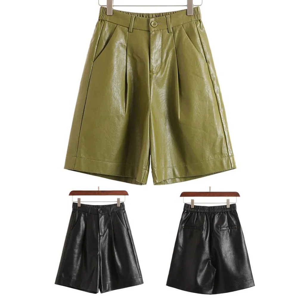 Женские шорты-бермуды из ПУ кожи с высокой талией и широкими штанинами | Женская