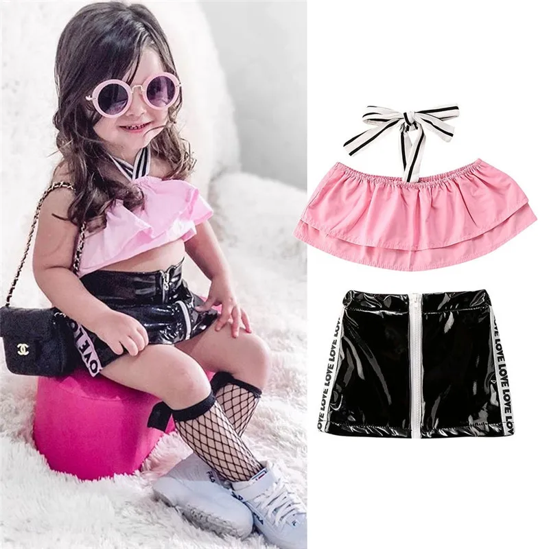 Модная летняя одежда для маленьких девочек футболка с оборками кроп-топы кожаные