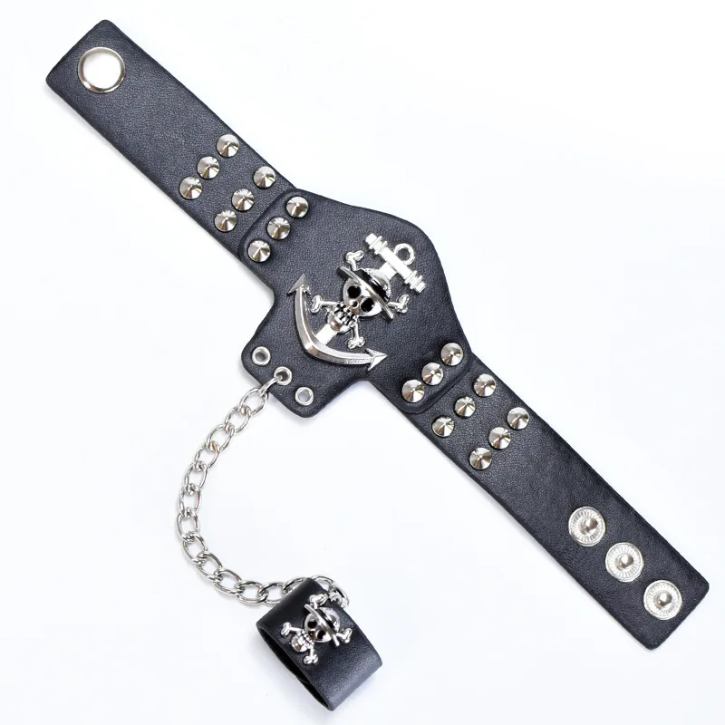 Цельный аниме браслет с подвеской в виде черепа высшего класса черные кожаные
