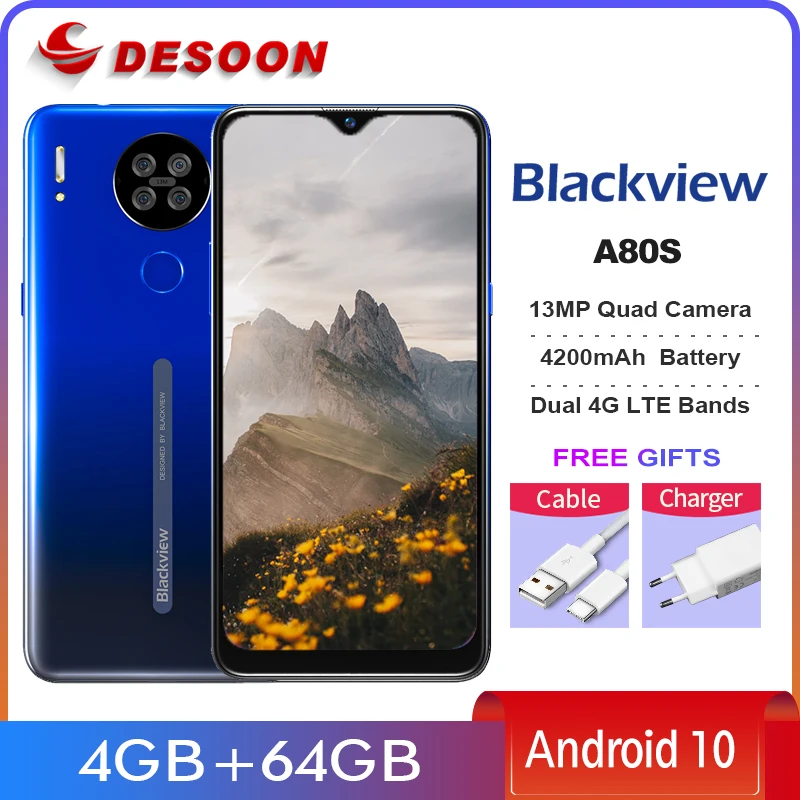 Blackview A80s 4G LTE 13MP Quad Rear Camera Mobile Phone 6.21''  4200MAh 4GB+64GB Smartphone Octa Core Android 10.0 cellphone