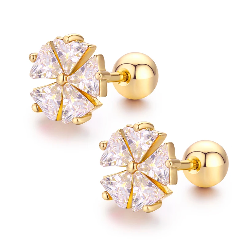 Милый цветочный набор треугольные циркониевые камни серьги гвоздики с винтом на