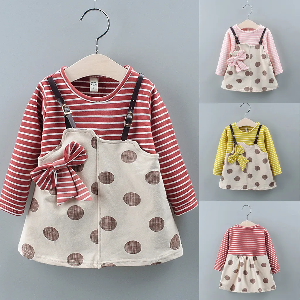 Детское платье с длинным рукавом в полоску горошек | Детская одежда и обувь