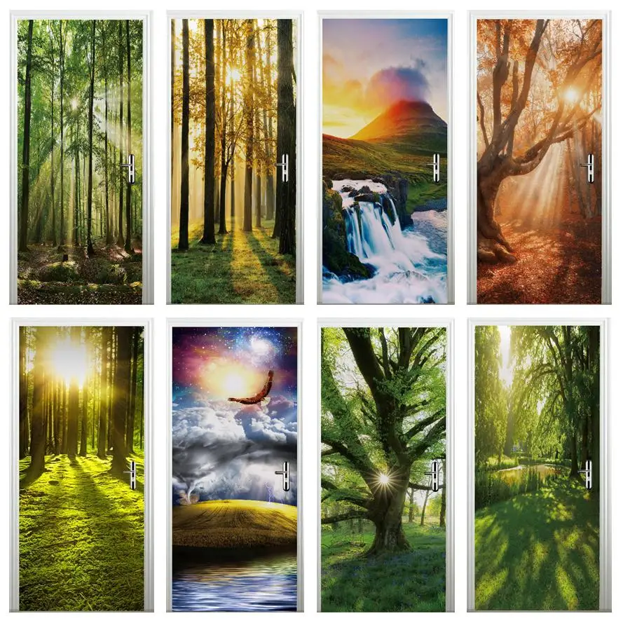 

Sunshine Woods Scenery Door Sticker Jungle 3D Wallpaper For Bedroom Vinyl Wall Decal Adhesive Home Design Art House Door Poster