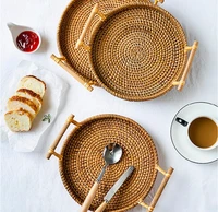 Rattan Storage Tray Round Basket with Handle Hand-Woven Rattan Tray Wicker Basket Bread Fruit Food Breakfast Display