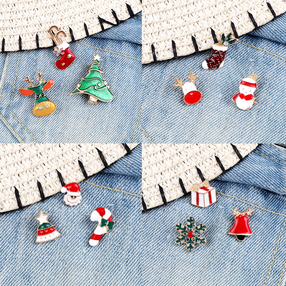 3Pcs Cartoon Santa Claus Suit Brooches Badges Snowflake Christmas Trees Enamel Metal Pins Buckle Denim Lapel Jewelry Accessories
