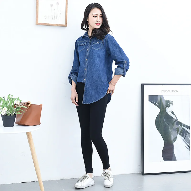 Женская джинсовая рубашка с длинным рукавом двумя карманами|blouse fashion|blouses plusfashion