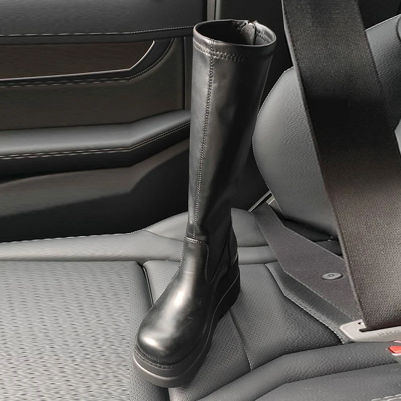 2020 роскошные сапоги женские кожаные ботинки на не сужающемся книзу массивном