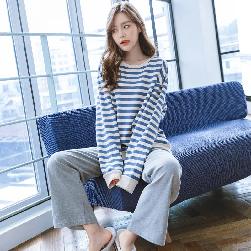 

Women 100% Cotton Pajama Long Sleeve Pijama Mujer Female Stripe Loose Nightwear Suit Female Casual Homewear 2PCS Pajama Set