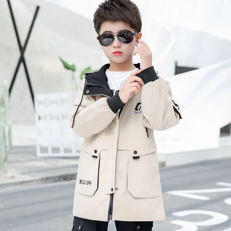 

Spring & Autumn Jacket For Boy New 2021 Korean Version Fashion Coat Hooded Mid-Length Windbreaker Casual Children's Clothing