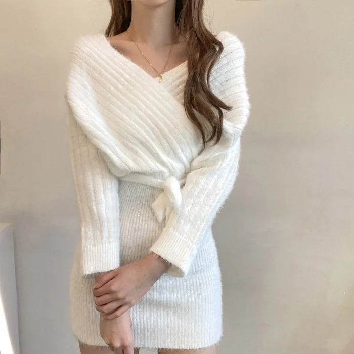 Korean Chic Autumn Cross V-neck Drop-Shoulder Long-Sleeve Lace-up Waist-Controlled Sweater Miniskirt Dress | Женская одежда