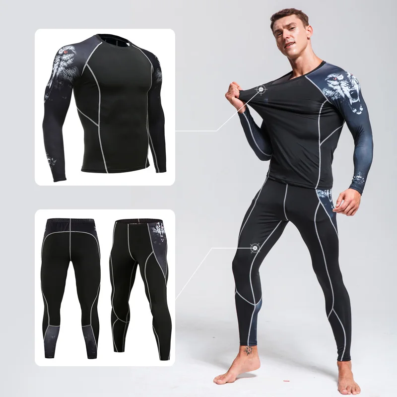 Men's Winter Thermal underwear Compression Skin Sportswear 2-pc/set Warm Sweat Suit Tracksuit 3D Pattern Arm long johns Men