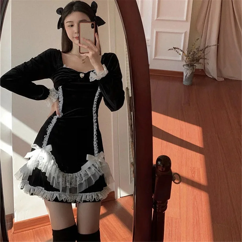 

Винтажное сексуальное кружевное платье-мини, элегантное облегающее черное готическое платье Лолита с длинным рукавом и квадратным вырезом...