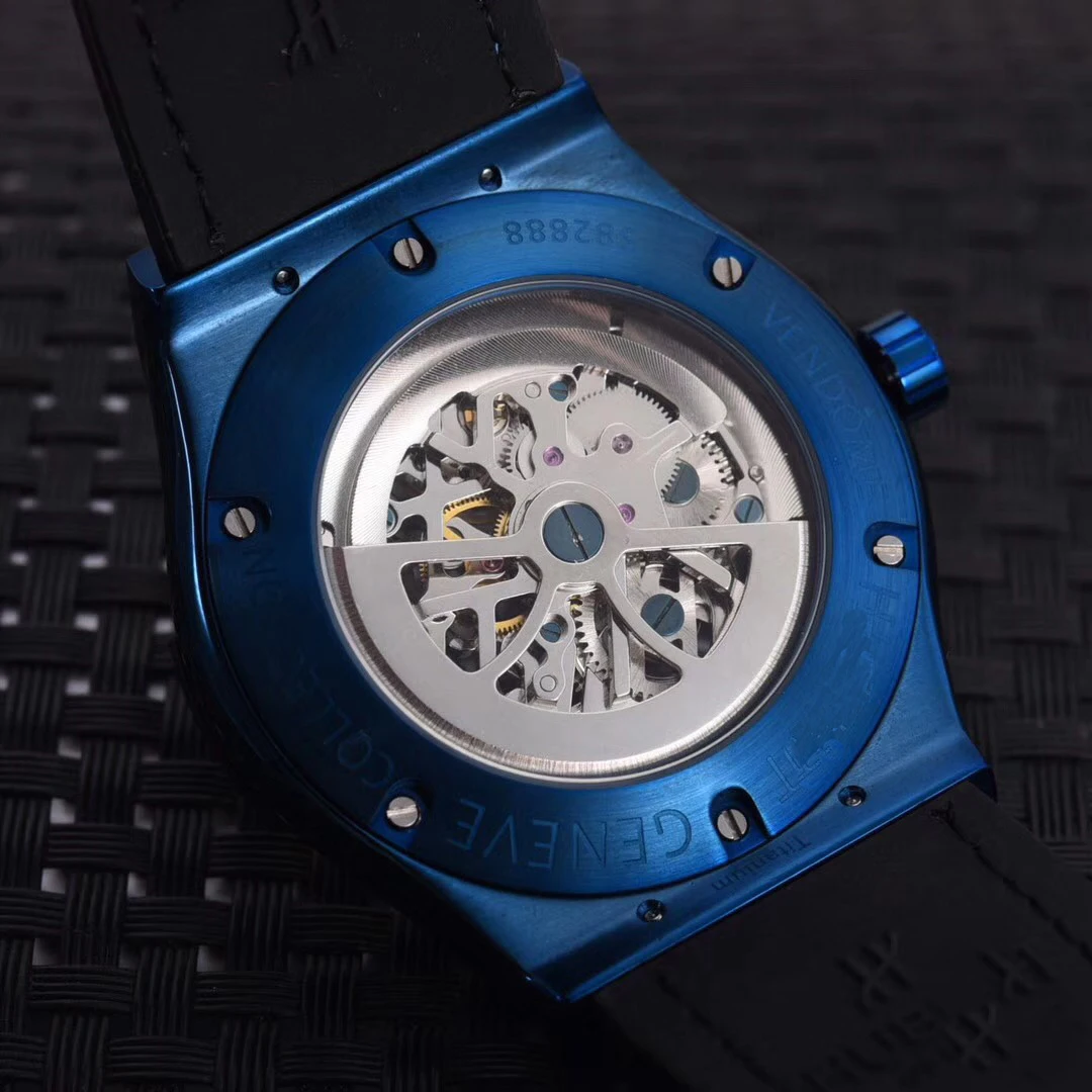 

Classic New Men Rose Gold Silver Black Blue Leather Automatic Mechanical Sapphire Tourbillion Watch Transparent Skeleton