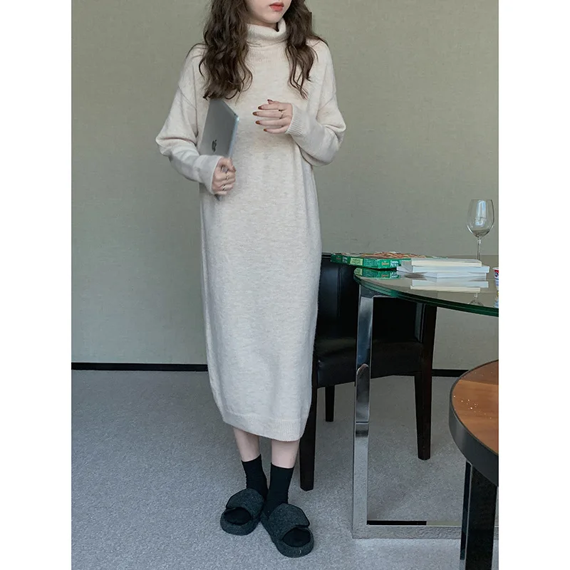 

Fashion Turtleneck Sweater Dress Women Autumn/Winter 2021 New Mid-length Long Sleeve Pure Color Warm Knit Base Long Skirt