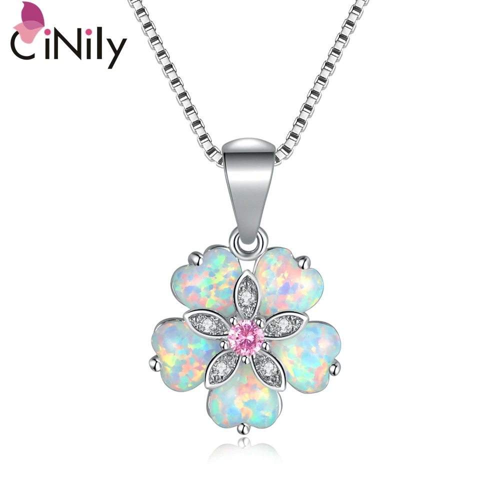 Ожерелье CiNdy White Fire Opal с розовым камнем цветком серебряным покрытием подвеской из