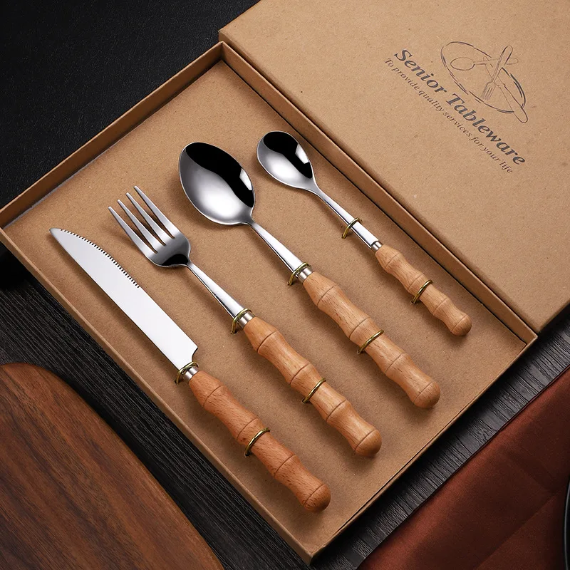 

4PCS Stainless Steel Tableware Set Wood Handle Dinnerware Set Knife Fork Spoon Teaspoon Cutlery Set Flatware Sets Cutlery Set