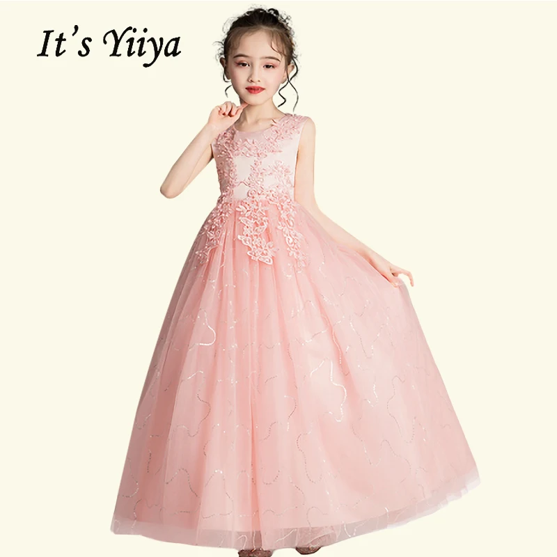 Розовое платье с цветами для девочек на свадьбу Элегантное Длинное Платье