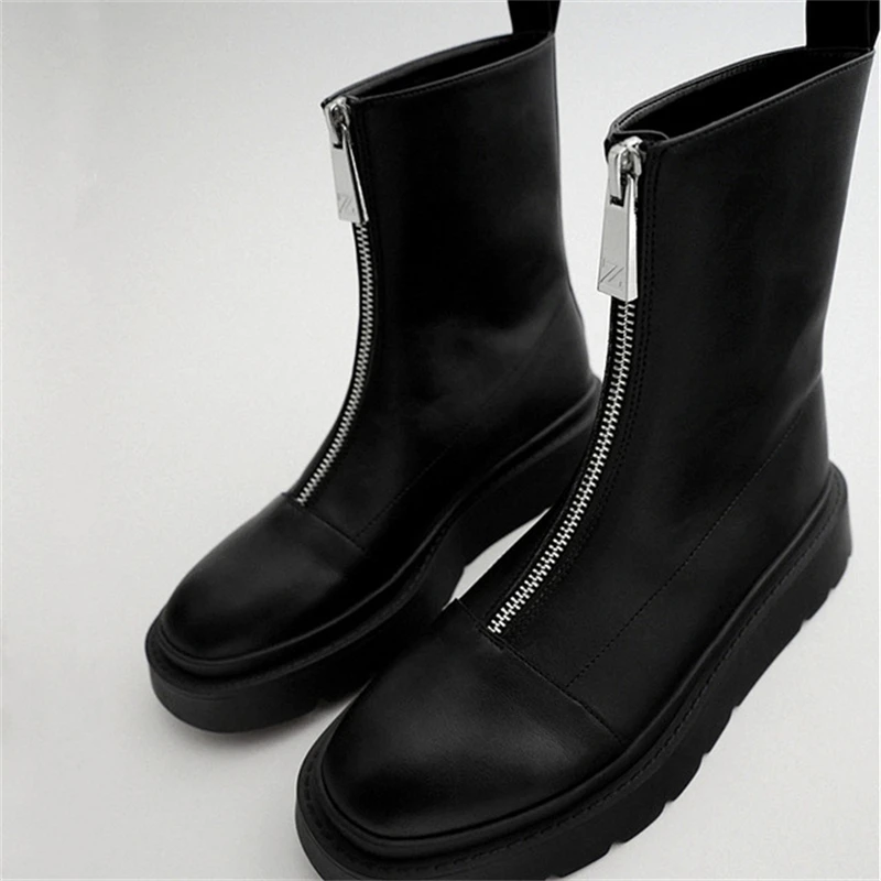 

ZA women's boots 2021 new Martin boots plus velvet black front zipper platform chimney boots flat ankle boots Chelsea boots