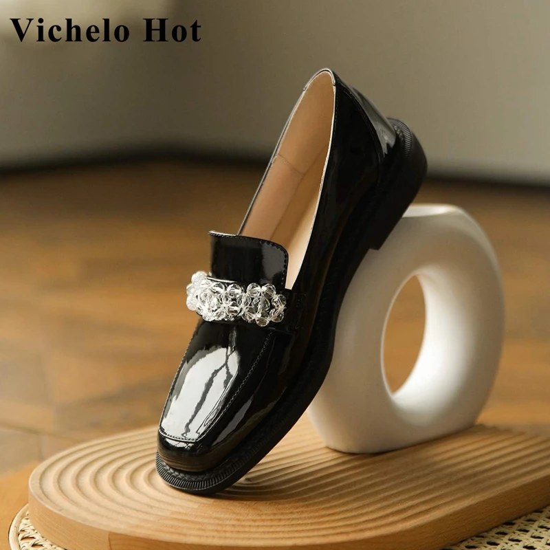 

Vichelo Hot genuine leather square toe low heels pearl crystal Princess style fairly sweet daily wear lace up women pumps L53