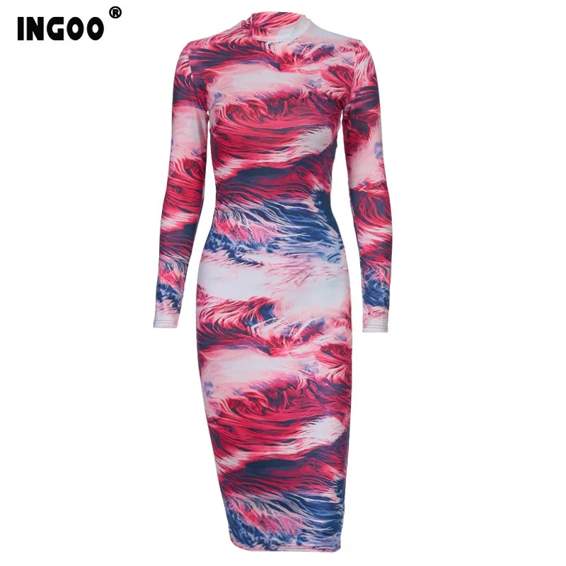 

INGOO Sexy Paisley Print Bodycon Dress Women Spring Party Night Vestidos Elegant MId-Calf Long Sleeve Bandage Pencil Dresses