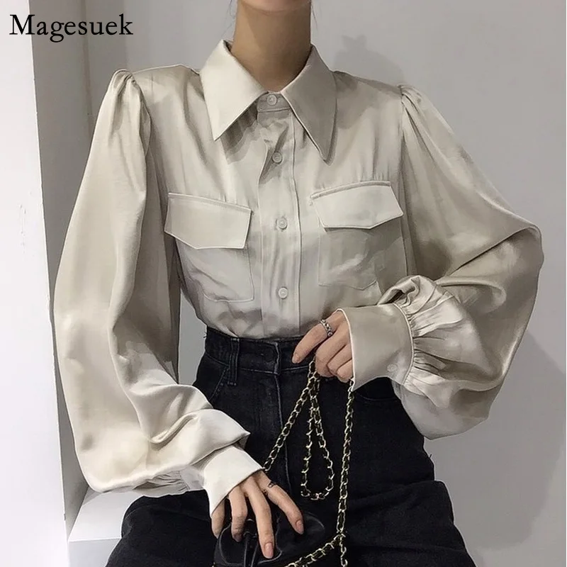 

Spring New Single Breasted Shirt Women Tops Turn-down Collar Lantern Sleeve Blouse Women Solid Vintage Office Work Blouses 18159