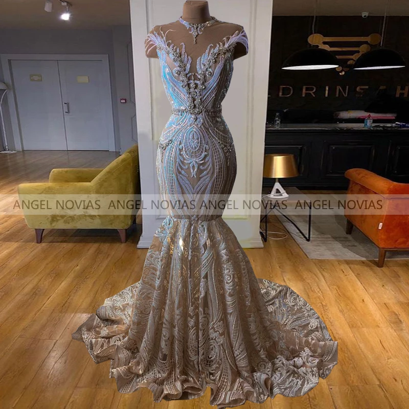 

ANGEL NOVIAS Long Glitter Lace Mermaid White Sheer Neck Arabic Evening Dresses 2021 Prom Gowns Vestito Da Donna